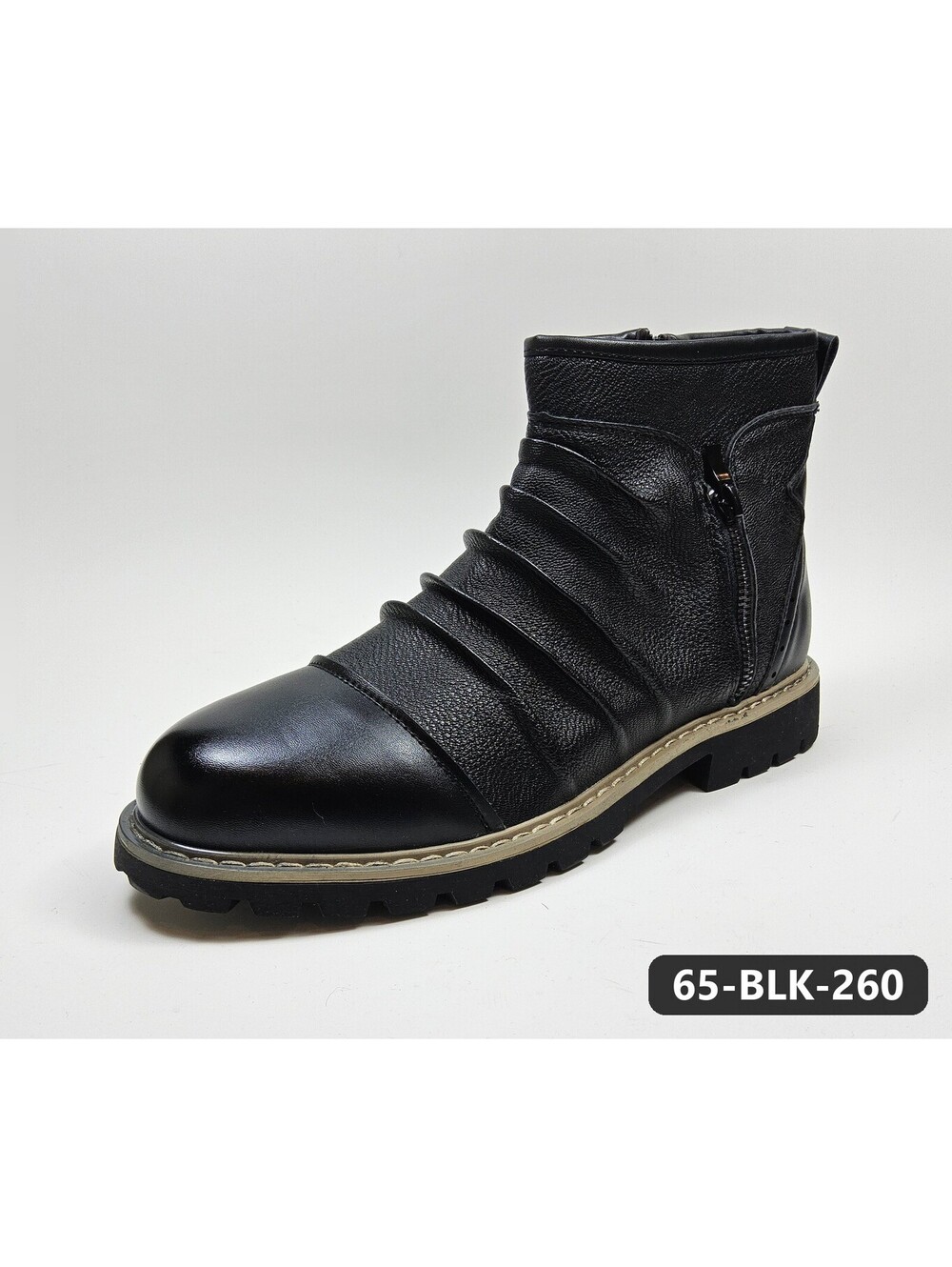 Men's Black Side-Zip Ankle Boots with Ruched Upper and Lug Sole